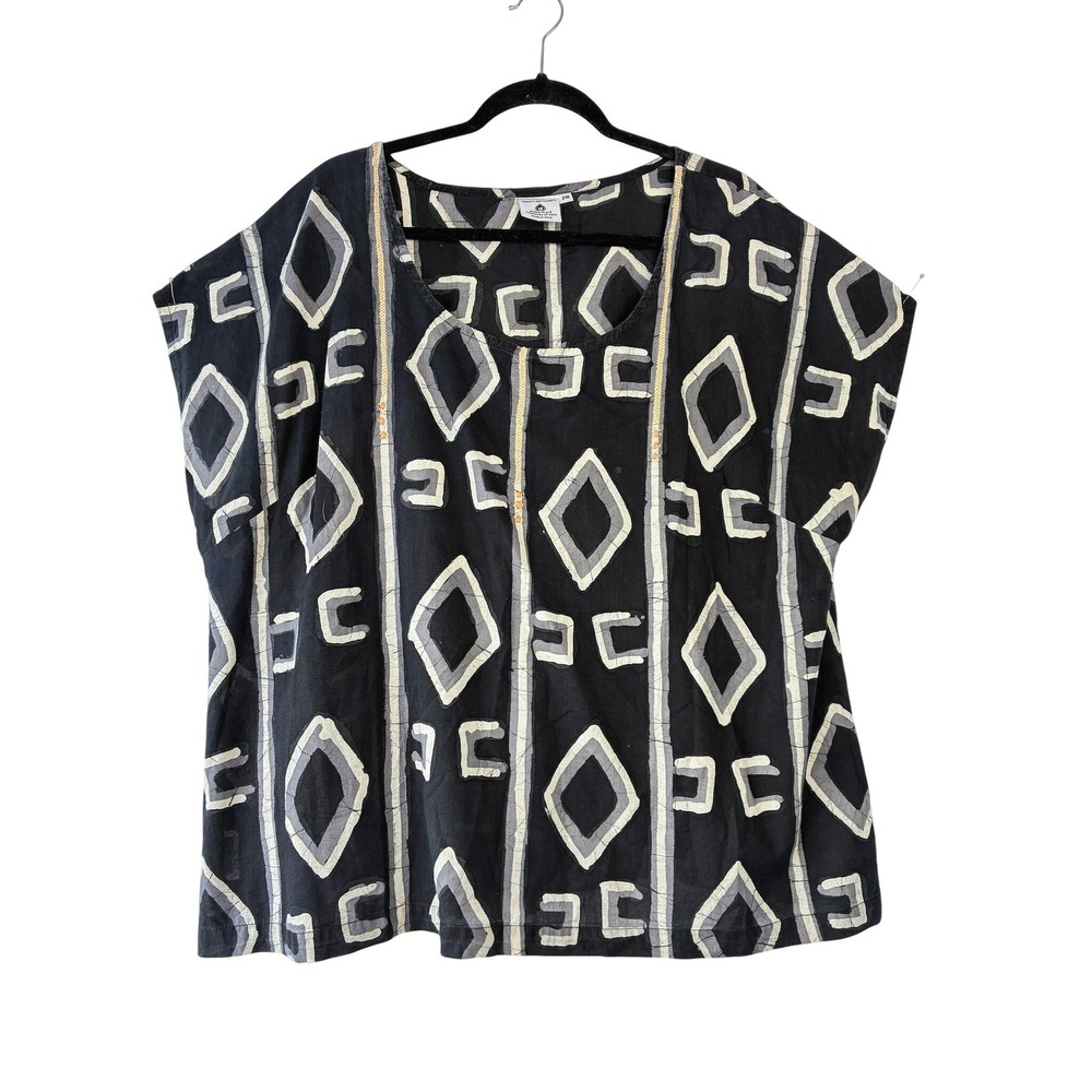 Marketplace Handwork of India Batik Black White Geometric Print Cotton Blouse 2W